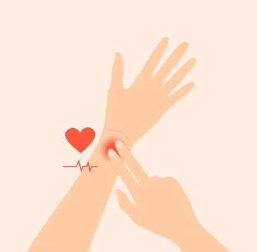 Measurement of the pulse. Vector illustration of two hands, heart and cardiogram Stock Illustration