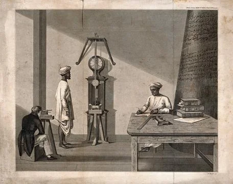 Measurement: a scholar making observations of a pendulum, with two servants.. Stock Illustration