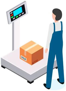 Measurement of weight of box with goods using scales. International shipping 스톡 일러스트