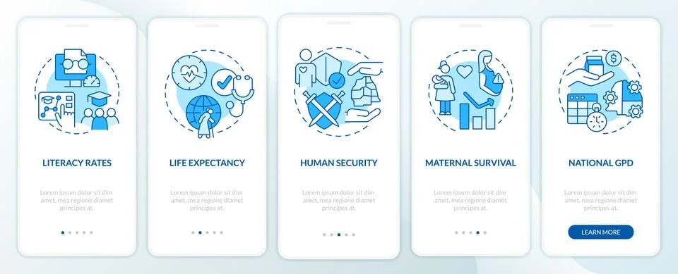 Measures of human development blue onboarding mobile app screen Illustrazione stock