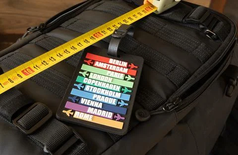 Measuring the backpack size with a tape measure before traveling by plane, .. Stock Photos