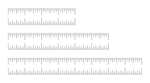 Measuring chart with 4, 6, 8 inches. Set of ruler scales. Black sewing tool flat Ilustração Stock