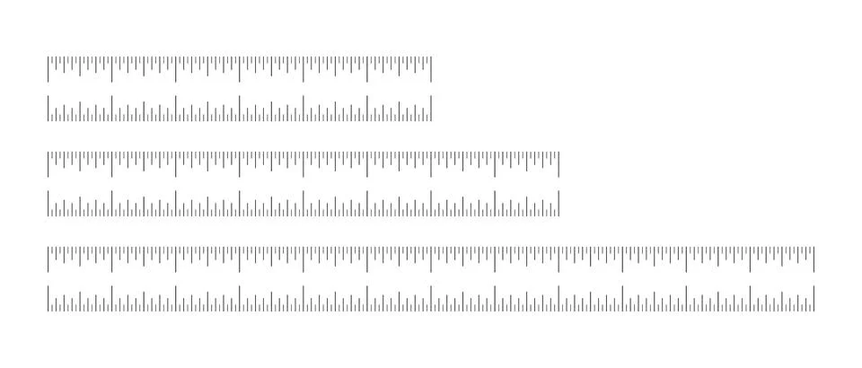 Measuring chart with 6, 8, 12 inches. Ruler scales set. Black sewing tool thin Ilustração Stock