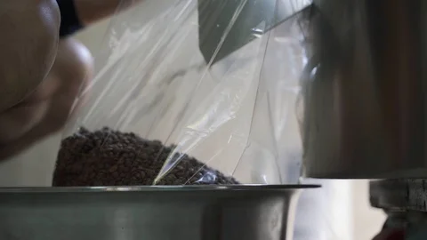 Measuring coffee beans digital scale Stock Footage 117291449
