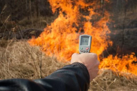 Measuring of flame temperature on the forest fire Stock Photos