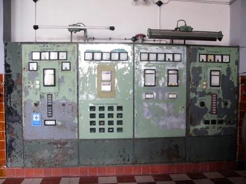 Measuring instruments for current and voltage of old generators, lost places Stock Photos