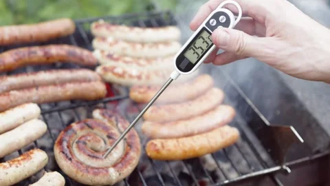 Measuring internal sausage heat with probe thermometer guarantees perfect Stock Footage 346644154
