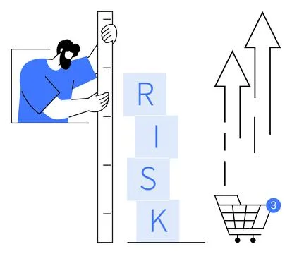 Measuring Risk in E-commerce Growth with Stacked Blocks and Rising Arrows Illustrazione stock