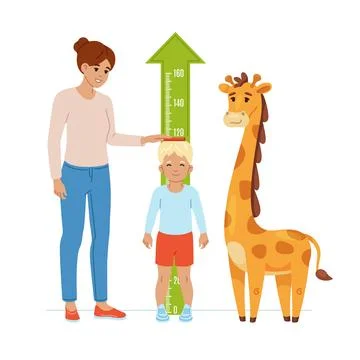 Measuring son height. Mom helps toddler boy measure his height, wall meter with Stock Illustration