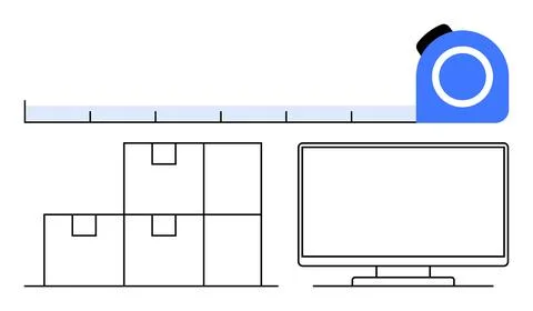 Measuring tape above stacked boxes beside a computer monitor. Ideal for logis イラスト素材