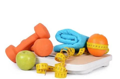 Measuring tape with dumbbells isolated Stock Photos