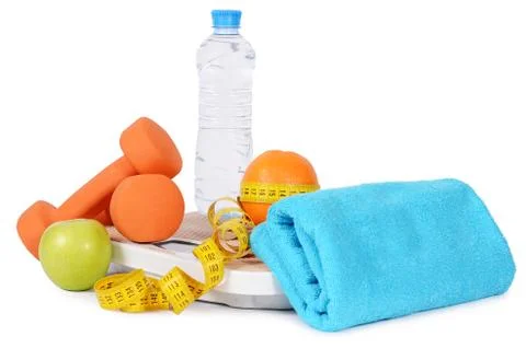 Measuring tape with dumbbells isolated Stock Photos