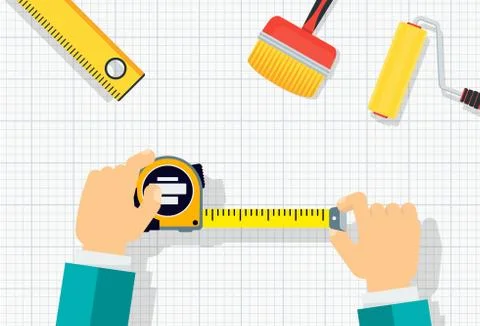 Measuring tape in the hands of a man. Template for a poster. Illustrazione stock