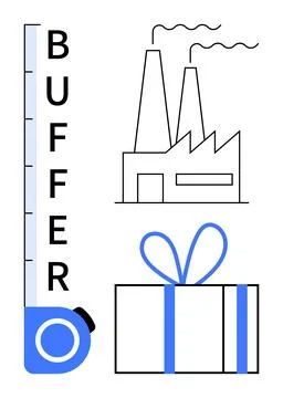 Measuring tape labeled BUFFER alongside factory and gift box with ribbon sugg 스톡 일러스트