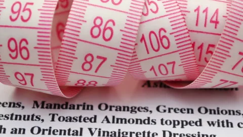 Measuring Tape on Recipe Document Representing Portion Size and Nutrition M.. Stock Footage 341983881