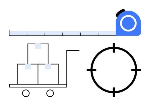 Measuring tape, stacked boxes on a trolley, and targeting reticle. Ideal for  イラスト素材