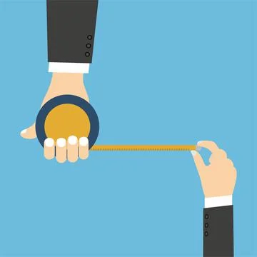 Measuring tape vector on a human hand flat illustration. Man scaling measurem Stock Illustration