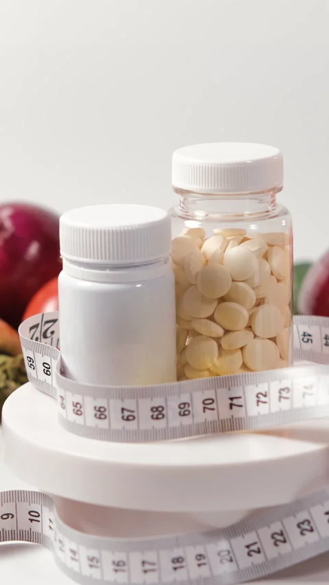 Measuring tape with vitamins and supplements Stock Footage 318314939