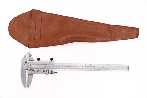 Measuring tool and leather case on white background for tool storage Stock Photos