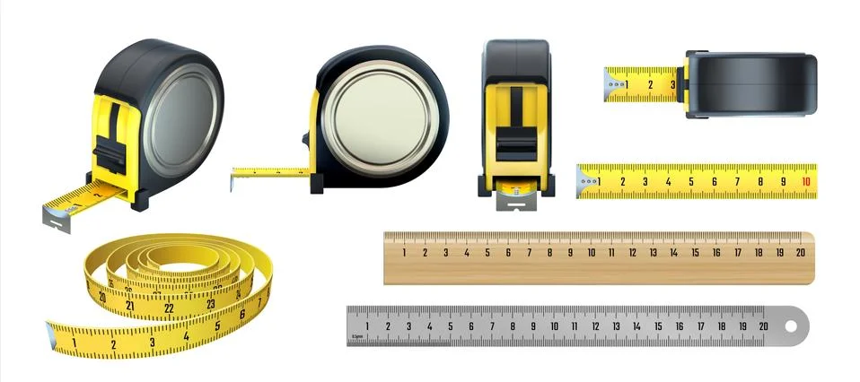 Measuring tools. Realistic instruments for length measurement. 3D tailor tape Ilustración de archivo