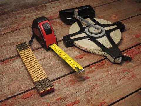 Measuring tools on rough table Stock Photos