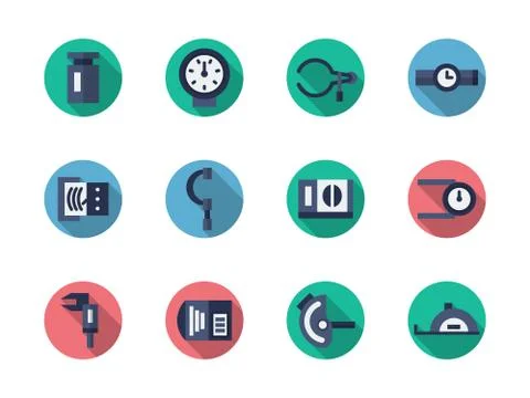 Measuring tools round flat color vector icons Stock Illustration