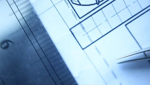 Measuring tools scattered in the drawing, engineering work on the project Vídeo Stock 90363929