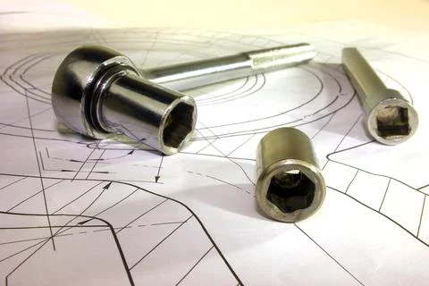 Measuring tools scattered in the drawing, engineering work on the project Foto stock