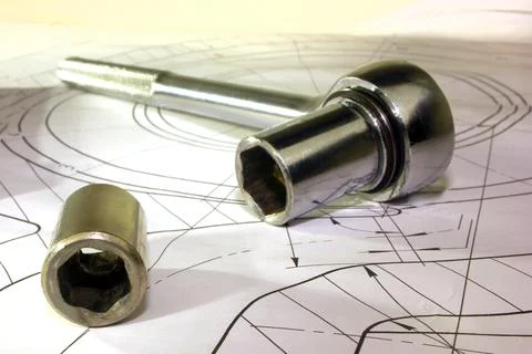 Measuring tools scattered in the drawing, engineering work on the project Foto stock