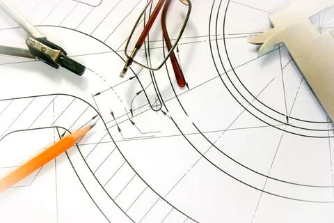 Measuring tools scattered in the drawing, engineering work on the project Foto stock