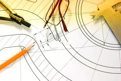 Measuring tools scattered in the drawing, engineering work on the project Foto stock