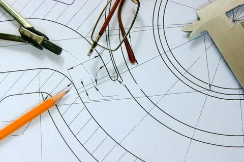 Measuring tools scattered in the drawing, engineering work on the project Foto stock