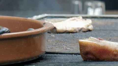 Meat and bacon on the grill Stock Footage 71573124