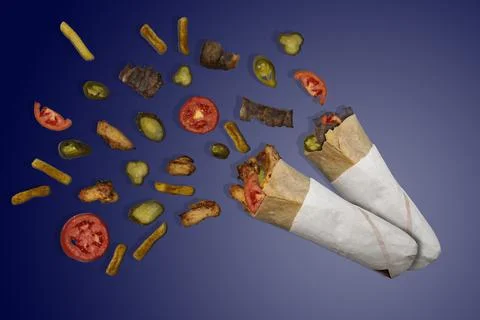 Meat and chicken flatbread Dner sandwich and flying ingredients Illustrazione stock