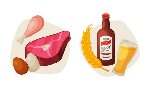 Meat and Egg in Shell with Beer in Glass and Bottle Vector Set Stock Illustration