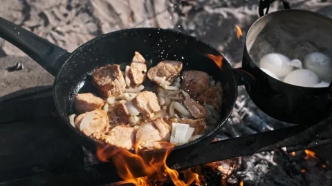 Meat and Eggs Cooking on Campfire Stock Footage 303707713