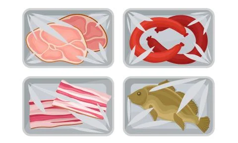 Meat and Fish Packed in Boxes Under Vacuum Food Packaging Film for Keeping Safe Stock Illustration
