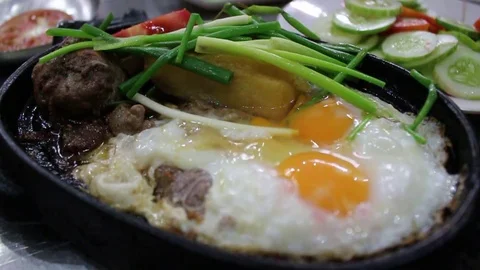 Meat and grilled eggs Stock Footage 78396212