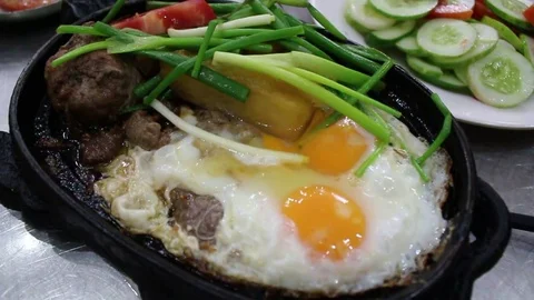 Meat and grilled eggs Stock Footage 78401114