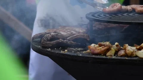 Meat and potato on grill Stock Footage 209643672