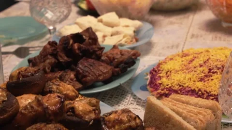 Meat and salads on table Stock Footage 147029469