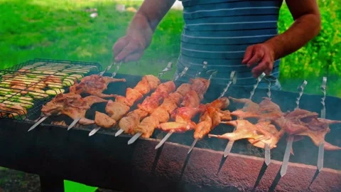 Meat and vegetables are roasted on a fire. Selective focus. Stock Footage 170424768
