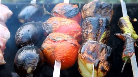 Meat and vegetables being prepared on skewers Stock Footage 77862451