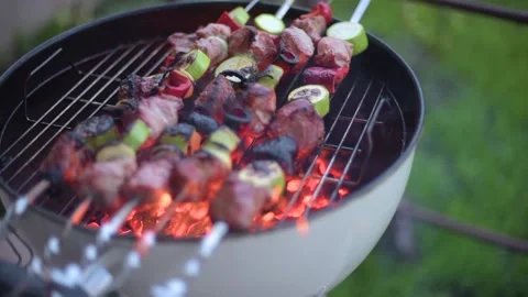 Meat and vegetables cooking in grill Stock Footage 107316997