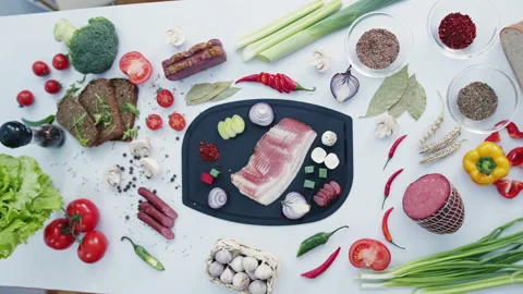 Meat and vegetables for cooking lunch on plastic board Stock Footage 229846141