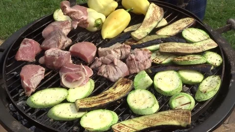 Meat and vegetables on the grill grate. B-B-Q Stock Footage 109330760
