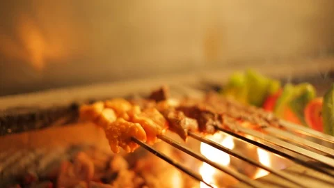 Meat And Vegetables On The Spit Video stock 94466322