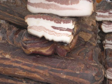 Meat bacon at the market place Stock Footage