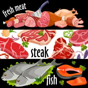 Meat banner set vector. Fresh meat set. Illustrazione stock