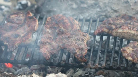 Meat on the barbecue with grillmarks Stock Footage 33696349